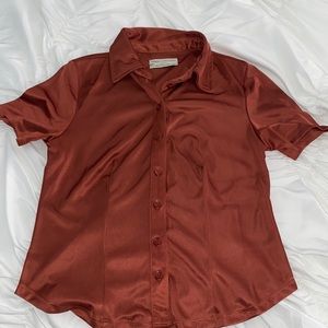 Urban Outfitters Fran Short Sleeve Button-Down Shirt RED / burnt orange- SMALL